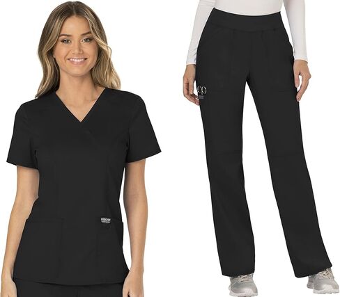 Cherokee Women Scrubs Set Workwear Revolution WW610 Mock Wrap Top & WW110 Mid Rise Straight Leg Pull-on Pant, Black- S Top/S Pant in Saudi Arabia