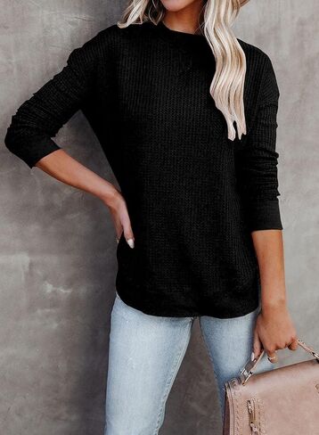 بلوزات LOLONG بأكمام طويلة للنساء، قمصان عمل كاجوال منسوجة برقبة دائرية in Kuwait