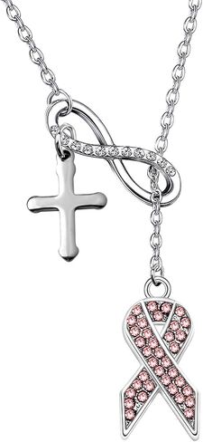 POTIY Breast Cancer Awareness Jewelry Pink Ribbon Breast Cancer Y Necklace with Cross Charm Gift for Christian Women Girls in Kuwait