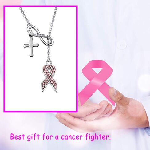 POTIY Breast Cancer Awareness Jewelry Pink Ribbon Breast Cancer Y Necklace with Cross Charm Gift for Christian Women Girls in Kuwait
