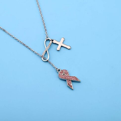 POTIY Breast Cancer Awareness Jewelry Pink Ribbon Breast Cancer Y Necklace with Cross Charm Gift for Christian Women Girls in Kuwait