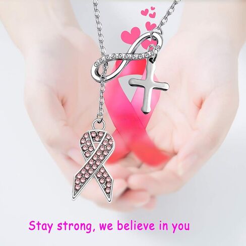 POTIY Breast Cancer Awareness Jewelry Pink Ribbon Breast Cancer Y Necklace with Cross Charm Gift for Christian Women Girls in Kuwait