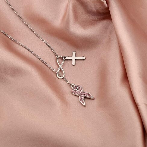 POTIY Breast Cancer Awareness Jewelry Pink Ribbon Breast Cancer Y Necklace with Cross Charm Gift for Christian Women Girls in Kuwait