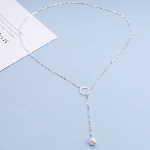 Yheakne Boho Pearl Circle قلادة فضية Y لؤلؤة قلادة الحد الأدنى Y Lariat قلادة سلسلة مجوهرات للنساء والفتيات في سن المراهقة (فضية) in Kuwait