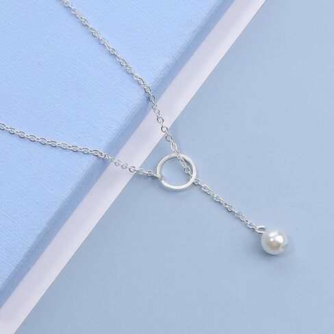 Yheakne Boho Pearl Circle قلادة فضية Y لؤلؤة قلادة الحد الأدنى Y Lariat قلادة سلسلة مجوهرات للنساء والفتيات في سن المراهقة (فضية) in Kuwait
