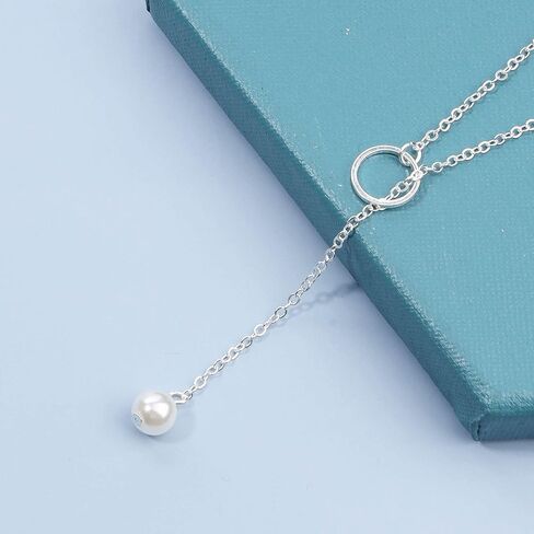 Yheakne Boho Pearl Circle قلادة فضية Y لؤلؤة قلادة الحد الأدنى Y Lariat قلادة سلسلة مجوهرات للنساء والفتيات في سن المراهقة (فضية) in Kuwait