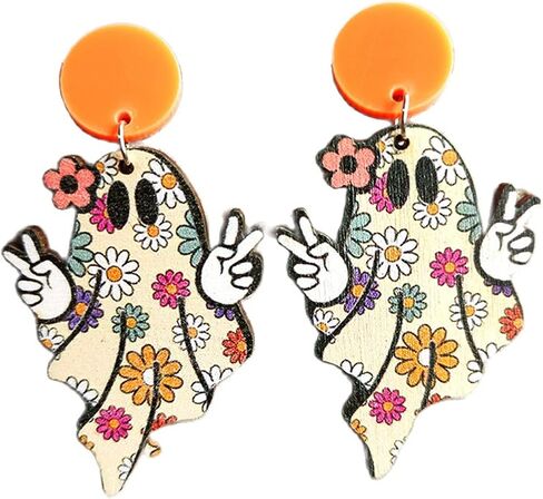 Halloween Cute Ghost Pumpkin Wooden Dangle Earrings Cartoon Ghost Halloween Wood Earrings for Women Girls Jewelry Flower Smile Funny Creative Stud Earrings Cutie in Kuwait