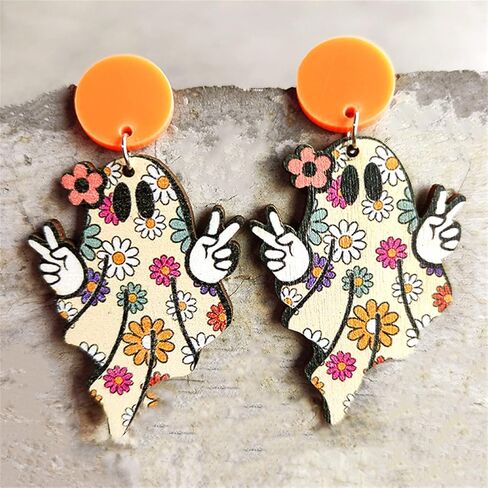 Halloween Cute Ghost Pumpkin Wooden Dangle Earrings Cartoon Ghost Halloween Wood Earrings for Women Girls Jewelry Flower Smile Funny Creative Stud Earrings Cutie in Kuwait