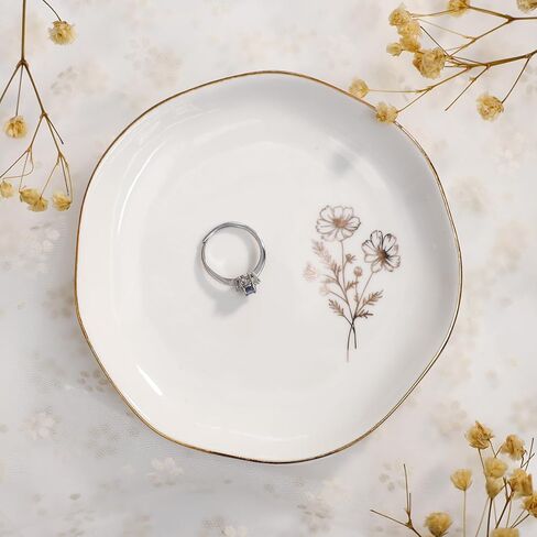 Scwhousi Daisy Birth Flower Ring Dish,Bridesmaid Proposal Gift for Her,Party Favor,Birthday Birthdate Gifts for Women,White Ceramic in Kuwait