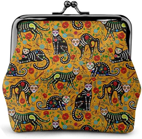 محفظة نقود معدنية للنساء من مكسيكان شوجر سكل آند بلاك كاتس ، حقيبة تغيير صغيرة مع مشبك إغلاق القبلة in Kuwait