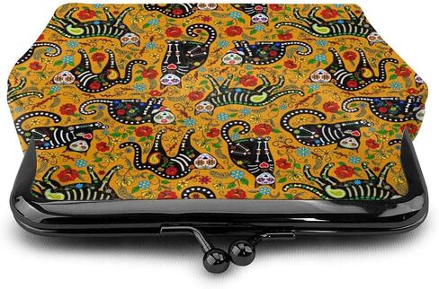 محفظة نقود معدنية للنساء من مكسيكان شوجر سكل آند بلاك كاتس ، حقيبة تغيير صغيرة مع مشبك إغلاق القبلة in Kuwait