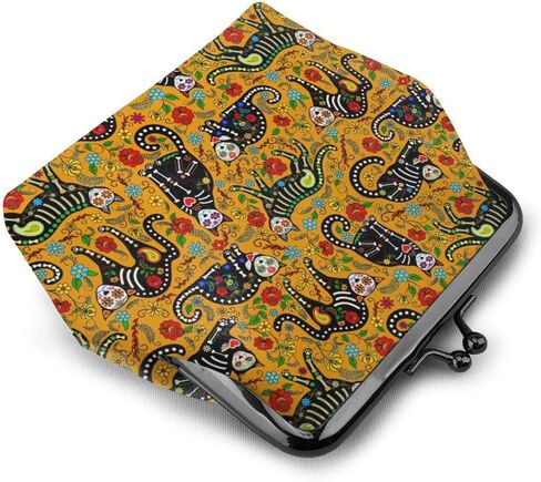 محفظة نقود معدنية للنساء من مكسيكان شوجر سكل آند بلاك كاتس ، حقيبة تغيير صغيرة مع مشبك إغلاق القبلة in Kuwait