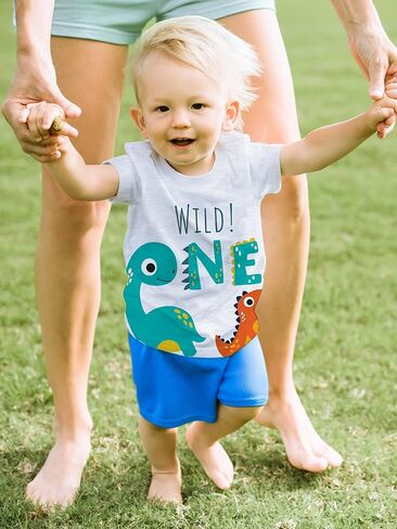 Wild One Safari-Dinosaur First Birthday Kid T-Shirt – 1 Year Old Baby/Toddler Clothes, Zoo Theme Jungle Party Tee 1st Outfit in Kuwait