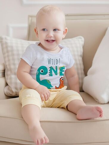 Wild One Safari-Dinosaur First Birthday Kid T-Shirt – 1 Year Old Baby/Toddler Clothes, Zoo Theme Jungle Party Tee 1st Outfit in Kuwait