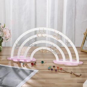 Purpeak Acrylic Earring Holder Stand Rainbow Acrylic Earrings Display Pegboard with Base 74 Holes Acrylic Earring Stand Jewelry Hanging Organizer Ear Studs Display Rack Double Sided (White)