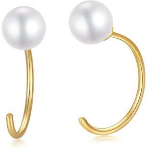 14K Yellow Gold Half Hoops Pearl Earrings for Women, Delicate Gold Freshwater Pearl Cuff Wrap Piercing Hoop Studs Earrings Hypoallergenic Ear Jacket Jewelry for Mom, Wife, Girl 10MM