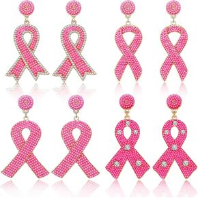 Tigeen 4 أزواج من الأقراط للتوعية بسرطان الثدي، شريط وردي، أقراط متدلية، هدايا الناجين للنساء، أقراط مصنوعة يدويًا، إكسسوارات للتوعية بسرطان الثدي من أجل لوازم الحفلات الخيرية in Kuwait