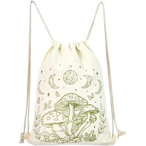MOSITU Mushroom Drawstring Backpack Aesthetic Mushroom Drawstring Bag Cute Cotton Canvas Backpack for Women Gym Drawstring Bag Sport String Bag Beach Sack Bag Travel Sackpack