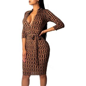 Women Sexy Dresses Bodycon Church 3/4 Sleeve African Print Pencil Party Office Dress Work with Split