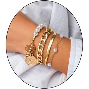 FUTIMELY Gold Chain Link Bracelet Set for Women 14K Gold Plated Snake Pearl CZ Lock Portrait Dainty Classic Adjustable Layered Paperclip Bracelets for Girls Jewelry