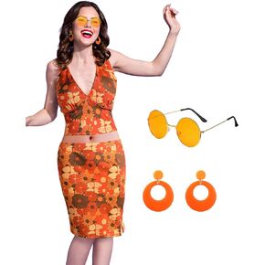 Twistover 5 قطعة 70s ديسكو الزي النساء عباد الشمس طباعة زي الرسن العلوي و Bodycon مجموعات أقراط لجميع القديسين تأثيري