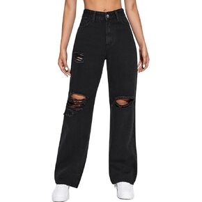 SweatyRocks Women's High Waist Slant Pocket Denim Jeans Ripped Straight Leg Pants