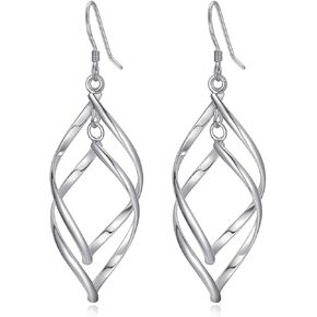 YZSFMZGE 18K White Gold Plated Sterling Silver Post Dangle Earrings for Women Girls Silver Double Twisted Linear Drop Dangling Statement Earrings Hypoallergenic Jewelry Gifts
