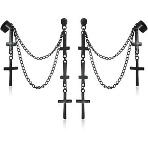 ANDPAI Personalized Multi Layered Long Stainless Steel Cross Chain Dangle Earring Threader Tassel Ear Cuff Black Punk Drop Earring for Women Men Girls Statement Jewelry Gifts