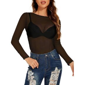 Women's Mesh Tops See Through Shirts Long Sleeve Bodycon Sheer Blouse Clubwear