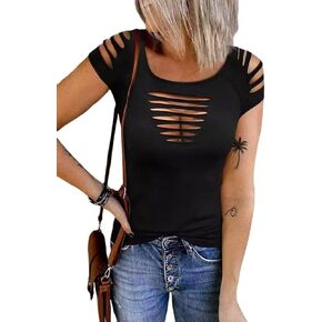 Cut Out Hollow Out T Shirt Womens Cold Shoulder Lacerated Sleeve Shirt Sleeveless Solid Round Neck Slim Shirt Tops