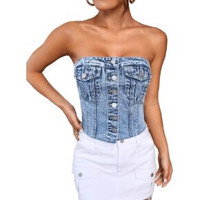 SweatyRocks Women's Strapless Button Down Slim Fit Denim Crop Tube Top with Flap Pocket