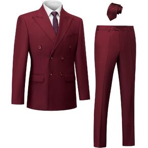 Mgnaie Mens 2 Piece Suit Slim Fit Double Breasted Solid Color Tuxedo Blazer Pants for Prom with Tie 2023