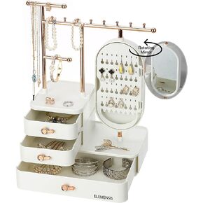 حامل منظم مجوهرات من اليمنسيس، مراة HD مع صينية للاقراط والثقوب، عرض شجرة تخزين معلقة للاساور والساعات والاقراط والخواتم ومستحضرات التجميل - ابيض وذهبي in Kuwait
