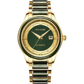 Aivasee Automatic Wrist Watches for Men Black Jade Dial Watches with Stainless Steel Band, Jewelry Luxury Rhinestones Dress Watch with Date Window (Model: AH6023B) in Saudi Arabia