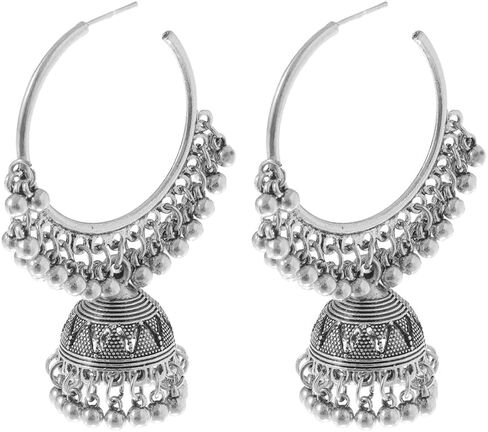تتدلى الرجعية الهندي Jhumki بيل Huggie هوب بيان الأقراط بوليوود المؤكسد التقليدية Jhumka نمط قطرة الأطواق الكبيرة المفتوحة القرط بوهو مجوهرات هدية للنساء الفتيات BBF in Kuwait
