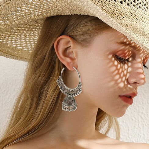 تتدلى الرجعية الهندي Jhumki بيل Huggie هوب بيان الأقراط بوليوود المؤكسد التقليدية Jhumka نمط قطرة الأطواق الكبيرة المفتوحة القرط بوهو مجوهرات هدية للنساء الفتيات BBF in Kuwait