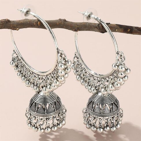 تتدلى الرجعية الهندي Jhumki بيل Huggie هوب بيان الأقراط بوليوود المؤكسد التقليدية Jhumka نمط قطرة الأطواق الكبيرة المفتوحة القرط بوهو مجوهرات هدية للنساء الفتيات BBF in Kuwait