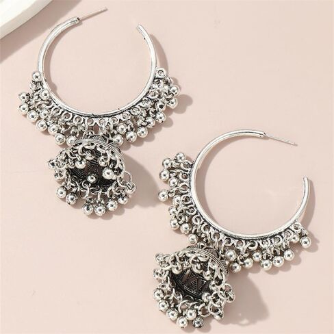 تتدلى الرجعية الهندي Jhumki بيل Huggie هوب بيان الأقراط بوليوود المؤكسد التقليدية Jhumka نمط قطرة الأطواق الكبيرة المفتوحة القرط بوهو مجوهرات هدية للنساء الفتيات BBF in Kuwait