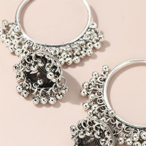 تتدلى الرجعية الهندي Jhumki بيل Huggie هوب بيان الأقراط بوليوود المؤكسد التقليدية Jhumka نمط قطرة الأطواق الكبيرة المفتوحة القرط بوهو مجوهرات هدية للنساء الفتيات BBF in Kuwait