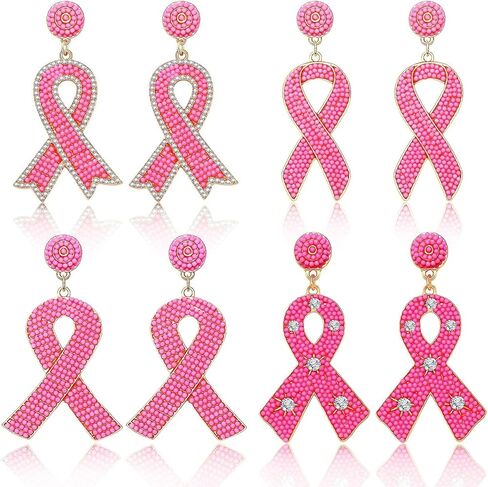 Tigeen 4 أزواج من الأقراط للتوعية بسرطان الثدي، شريط وردي، أقراط متدلية، هدايا الناجين للنساء، أقراط مصنوعة يدويًا، إكسسوارات للتوعية بسرطان الثدي من أجل لوازم الحفلات الخيرية in Kuwait