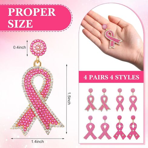 Tigeen 4 أزواج من الأقراط للتوعية بسرطان الثدي، شريط وردي، أقراط متدلية، هدايا الناجين للنساء، أقراط مصنوعة يدويًا، إكسسوارات للتوعية بسرطان الثدي من أجل لوازم الحفلات الخيرية in Kuwait