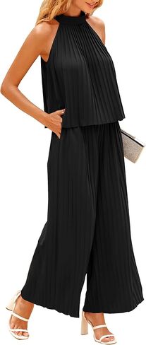 dowerme Women's 2 Piece Outfits 2023 Halter Neck Sleeveless Flowy Tie Back Top Long Wide Leg Pant Set Loose Pleated Suit in Kuwait