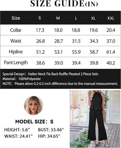 dowerme Women's 2 Piece Outfits 2023 Halter Neck Sleeveless Flowy Tie Back Top Long Wide Leg Pant Set Loose Pleated Suit in Kuwait