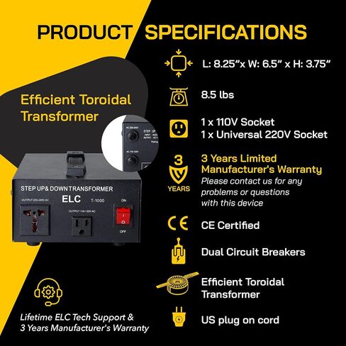 ELC T Series 2000 Watt Voltage Converter Transformer - Step Up/Down - 110v to 220v / 220v to 110v Power Converter - Circuit Breaker Protection, CE Certified [3-Years Warranty] in Saudi Arabia