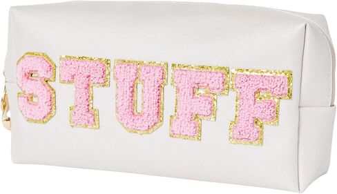 Burskit Stuff Bag Preppy Travel Makeup Bag Organizer تصحيح كبير اسكواش ستوني البرسيم الشنيل رسالة مستحضرات التجميل أدوات الزينة نايلون لطيف أكياس Preppy بو الجلود للماء الحقيبة المحمولة تخزين المحفظة in Kuwait