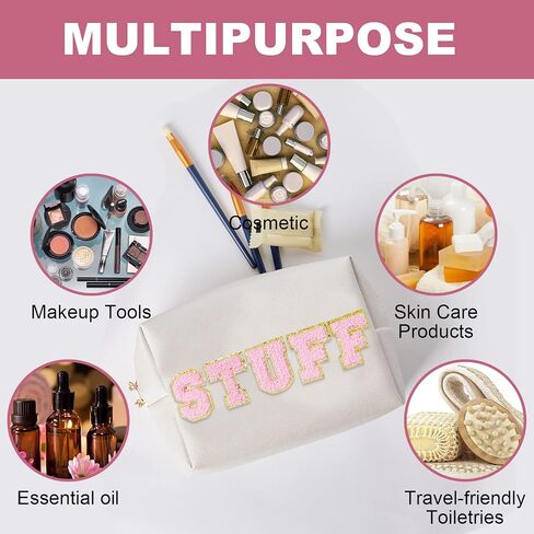Burskit Stuff Bag Preppy Travel Makeup Bag Organizer تصحيح كبير اسكواش ستوني البرسيم الشنيل رسالة مستحضرات التجميل أدوات الزينة نايلون لطيف أكياس Preppy بو الجلود للماء الحقيبة المحمولة تخزين المحفظة in Kuwait
