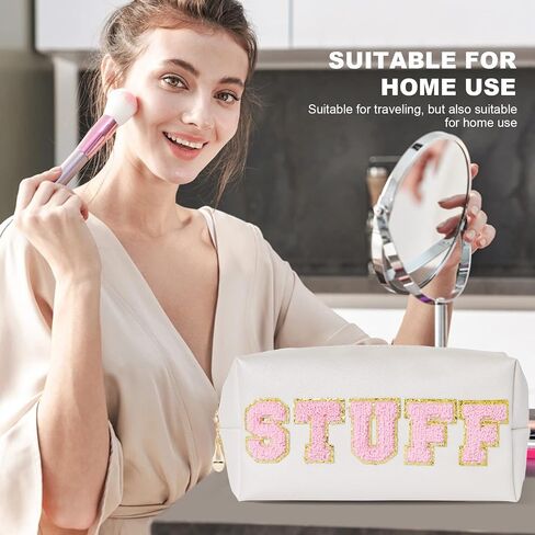 Burskit Stuff Bag Preppy Travel Makeup Bag Organizer تصحيح كبير اسكواش ستوني البرسيم الشنيل رسالة مستحضرات التجميل أدوات الزينة نايلون لطيف أكياس Preppy بو الجلود للماء الحقيبة المحمولة تخزين المحفظة in Kuwait