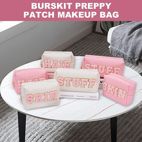 Burskit Stuff Bag Preppy Travel Makeup Bag Organizer Patch Large Varsity Stoney Clover Chenille Letter Cosmetic Toiletry Nylon Cute Preppy Bags PU Leather Waterproof Portable Pouch Storage Purse in Kuwait