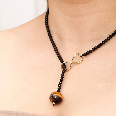 Jewever Tiger Eye/Black Agate Beaded Necklace for Women Infinity Endless Love Symbol Charm Healing Crystals and Gemstones Gift for Wife Women's y Necklaces in Saudi Arabia