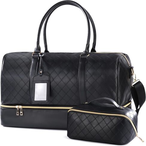 Oflamn Weekender Bags for Women Black Leather Overnight Duffle Bag with Shoe Compartment Large Capacity Make Up Bag Perfect for Travel in Kuwait